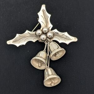 Vintage Taxco Mexico 925 Sterling Silver Holly and Bells Brooch